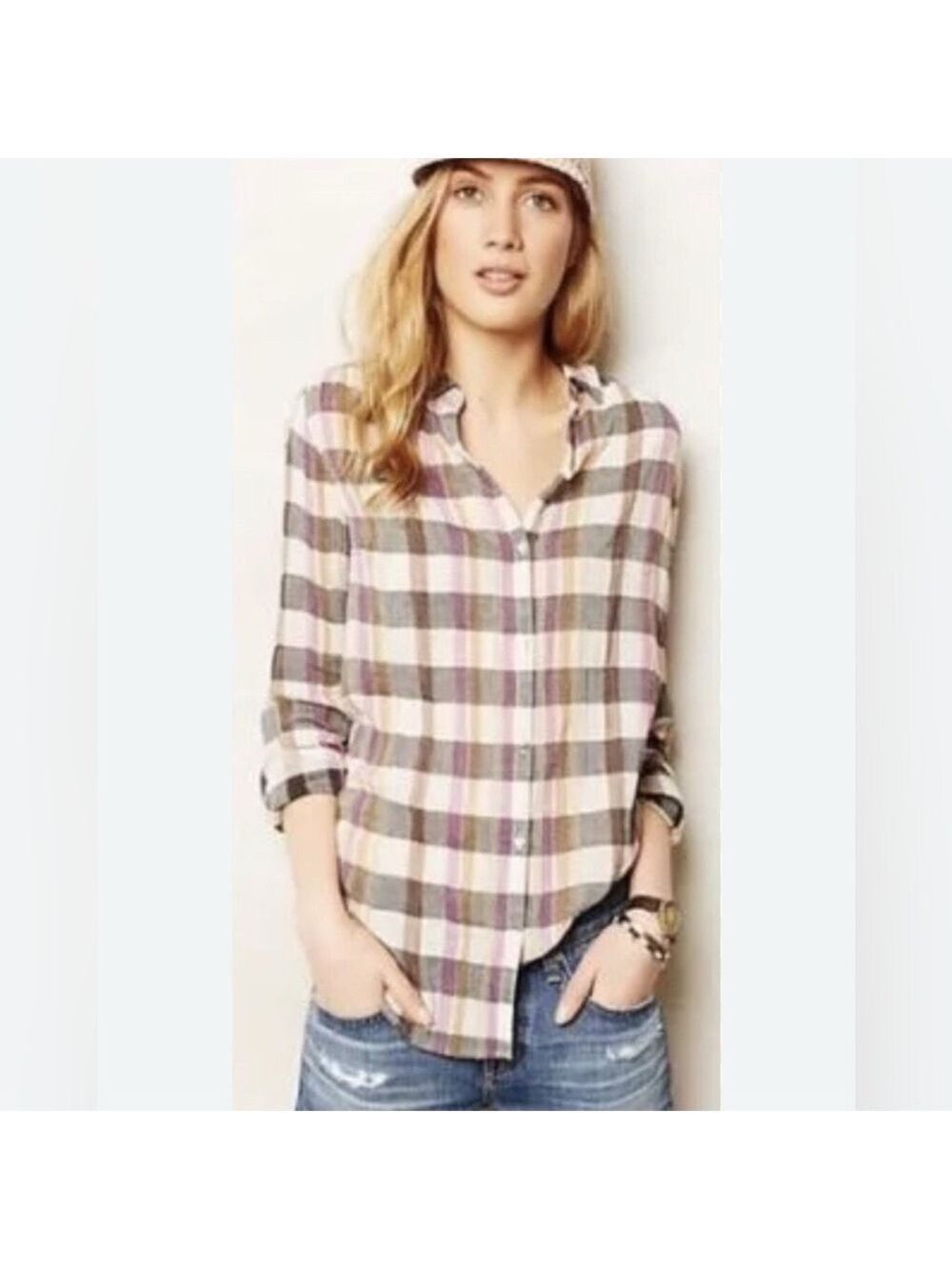 Anthropologie Isabella SInclair Long Sleeved Plaid shirt w/Crochet detail sz xs